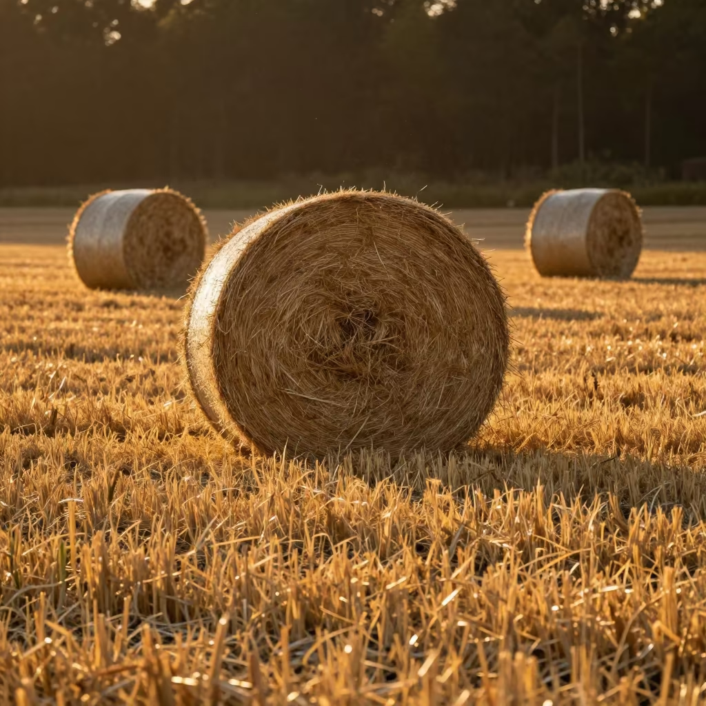 Silhouetted Hay Bales in Quebec Evening Light in across a harvested grain field in Quebec City