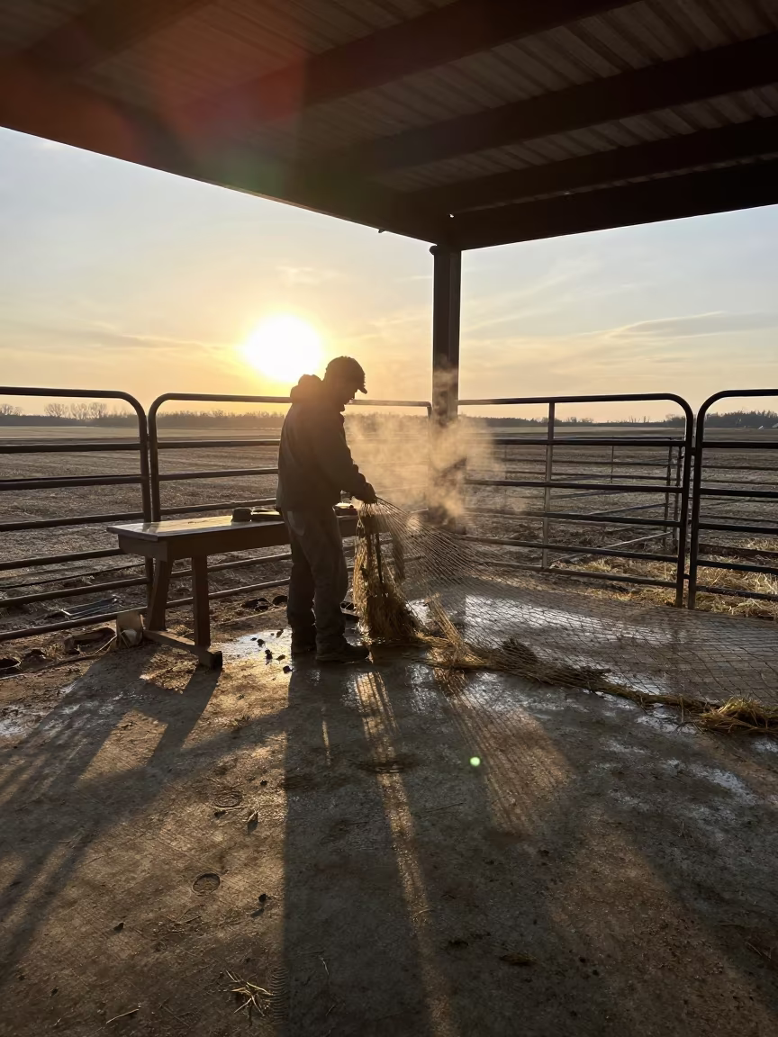 Silhouetted hay net repair in Manitoba corral in inside a ranch corral in Manitoba