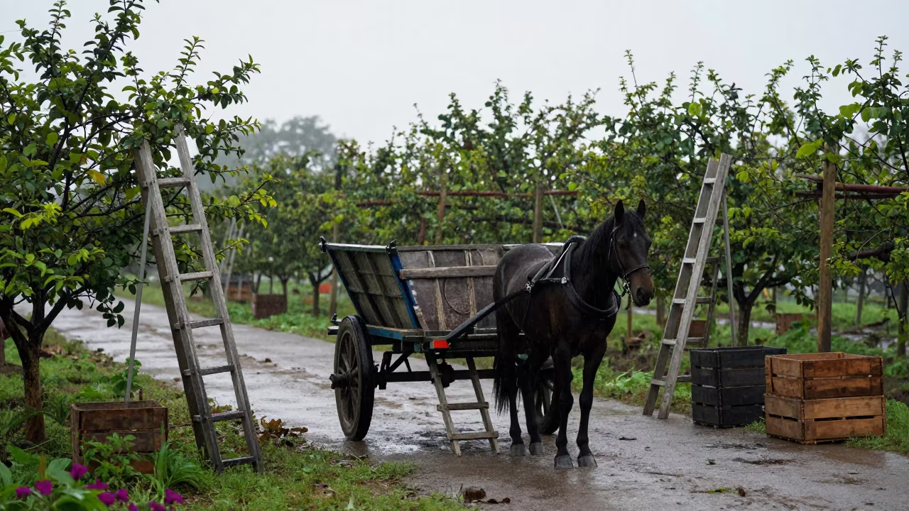 Silhouetted Hay Wagon in Bangladesh Rain in among orchard ladders and crates in Bangladesh
