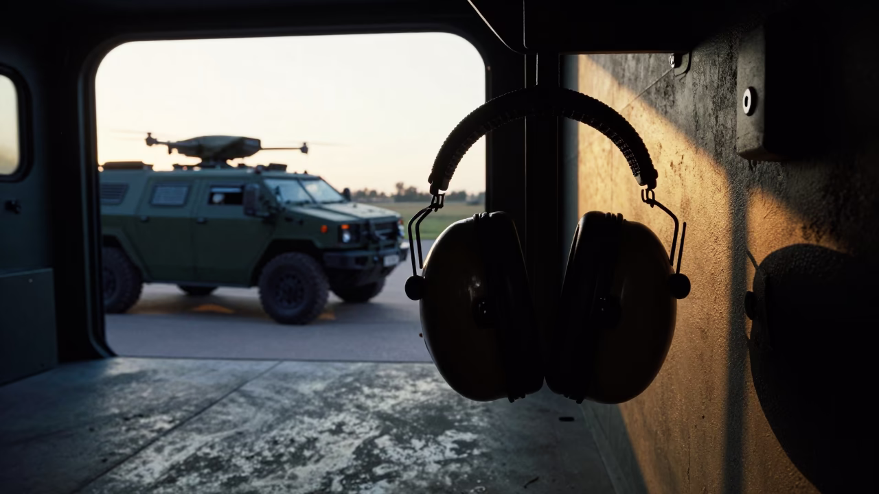 Silhouetted Hearing Protection Dispenser in Armored Bay in in an armored vehicle bay near Bonon