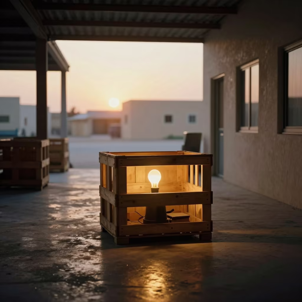 Silhouetted Heat Lamp in Qatar Stable Aisle in in a stable aisle in Qatar