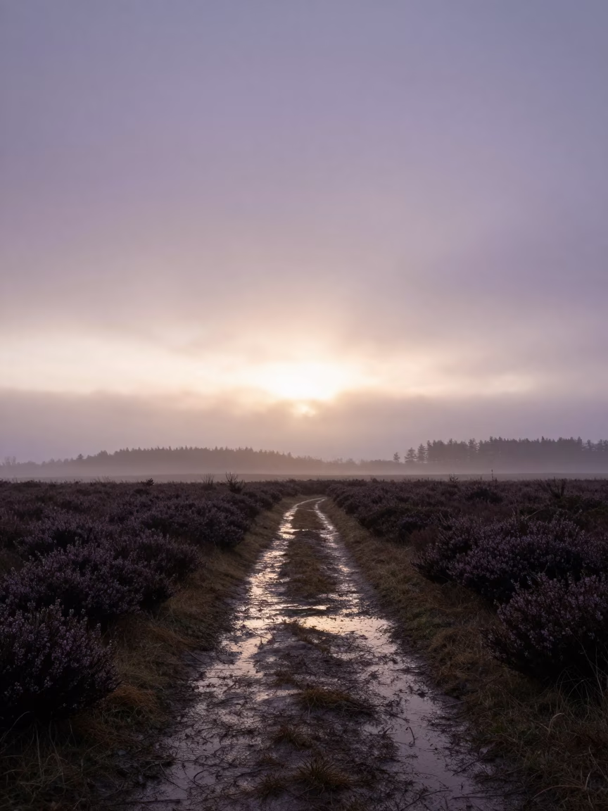 Silhouetted Heather Moor at Austrian Dawn in across a floodplain after rain in Austria