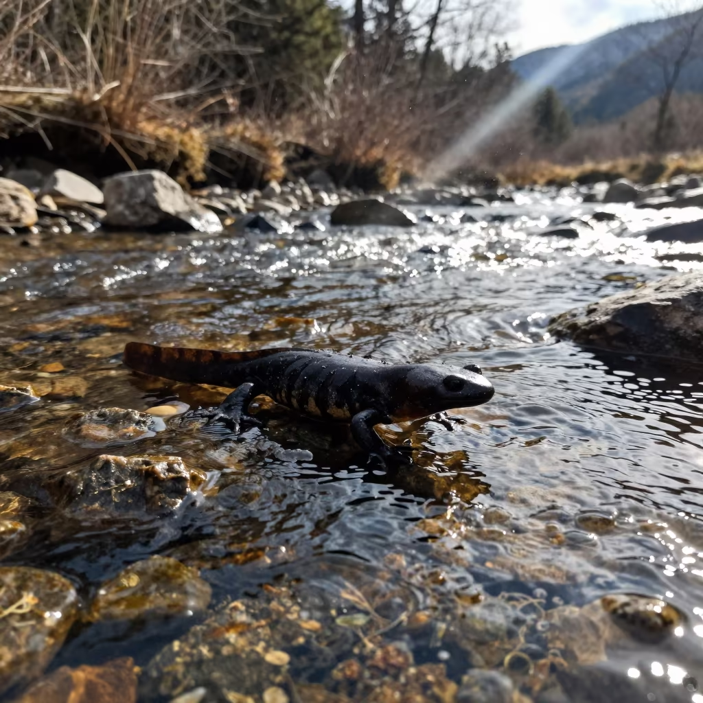 Silhouetted Hellbender in Appalachian Stream Light in along a game trail near Melbourne