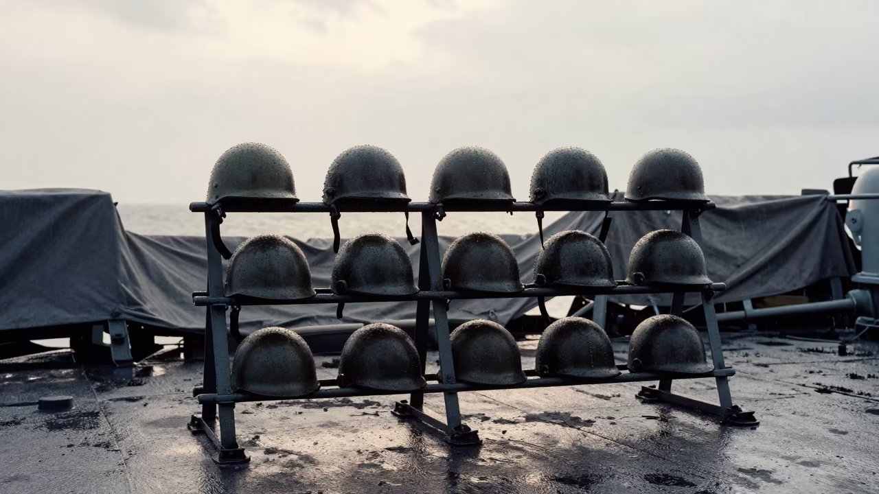 Silhouetted Helmet Shelf on Java Naval Deck in on a naval deck in rough wind in Java