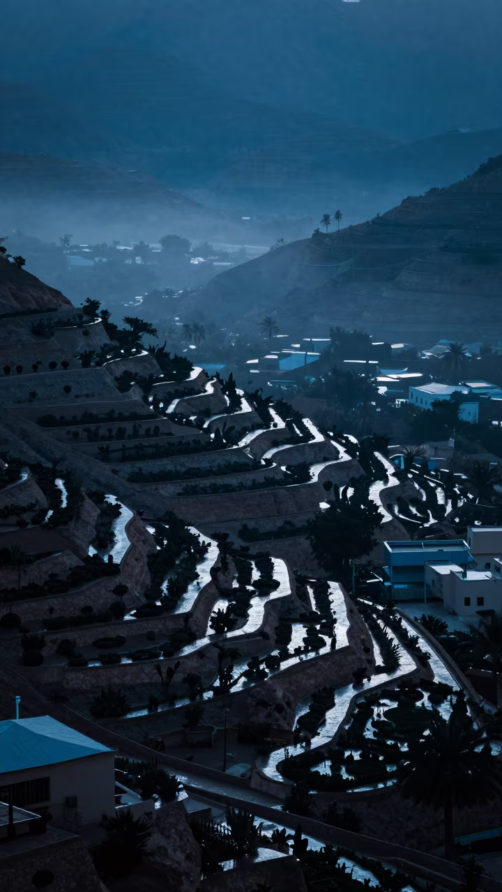 Silhouetted Herb Terraces Oman Evening Fog in high above patterned rooftops in Oman