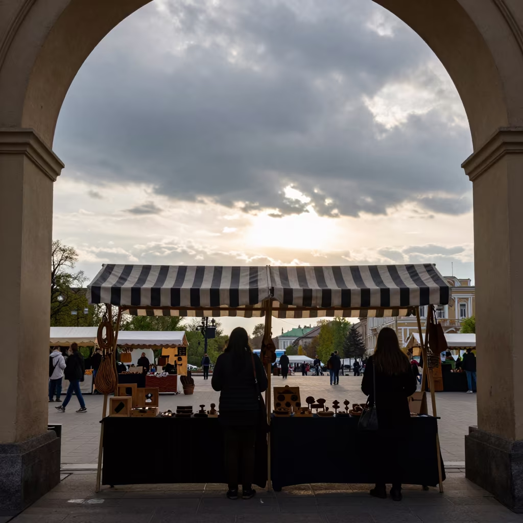 Silhouetted Heritage Craft Booth at Kyiv Festival in at a public square during a festival in Kyiv
