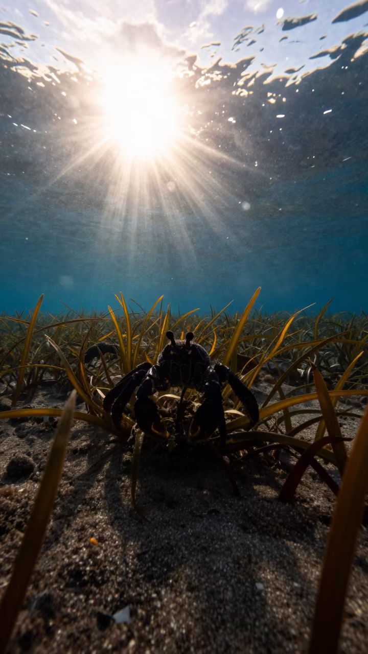 Silhouetted Hermit Crab in Fiji Seagrass in above a seagrass meadow in Fiji