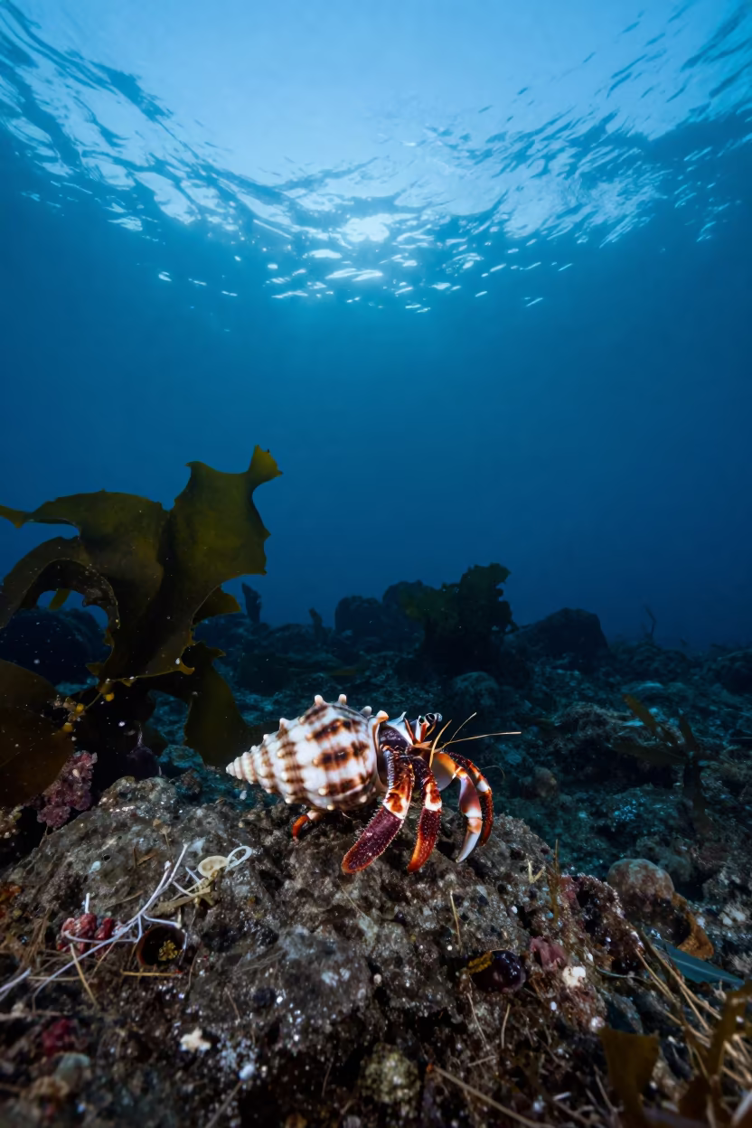 Silhouetted Hermit Crab on Kelp Shelf at Blue Hour in along a kelp-fringed shelf near Gamcheon, Busan