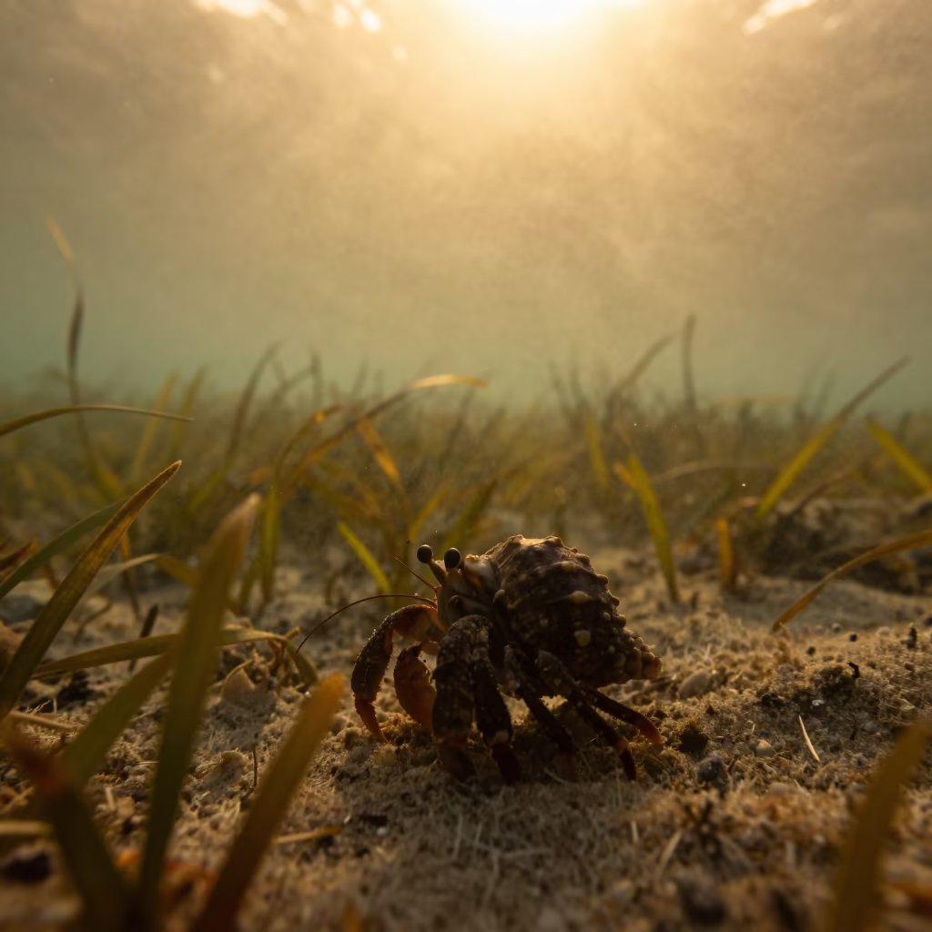 Silhouetted Hermit Crab Seagrass Meadow Salvador in above a seagrass meadow near Salvador