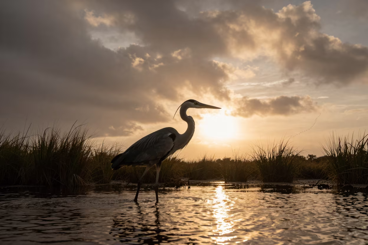 Silhouetted Heron Stalking in Shallow Golden Hour Light in along a game trail near Guayaquil