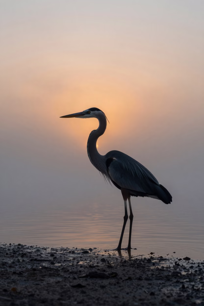 Silhouetted Heron Stalks Misty Shallows at Dawn in near Salerno