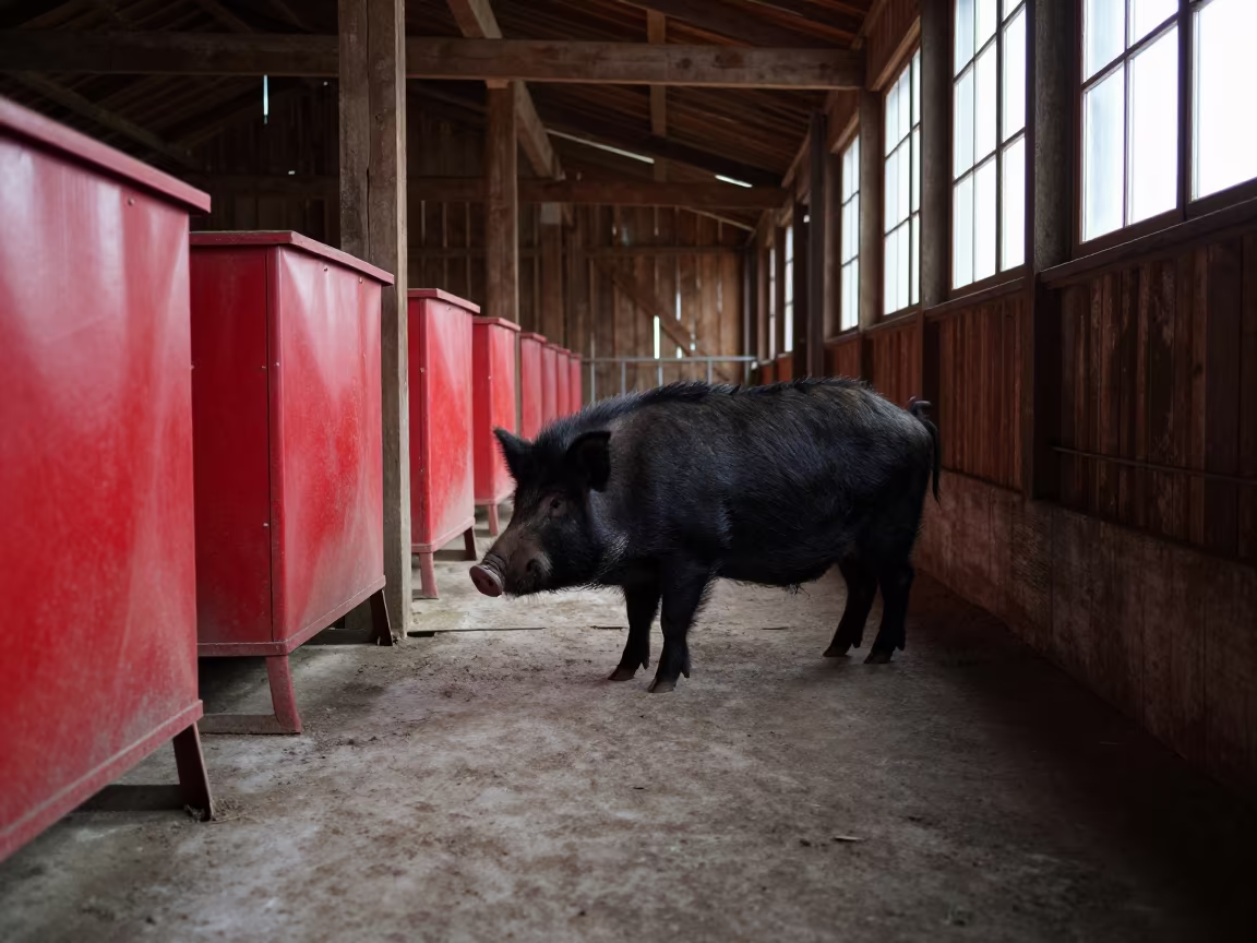 Silhouetted Hog Corridor With Red Feed Bins in beside a veterinary crush in a barn in Slovakia