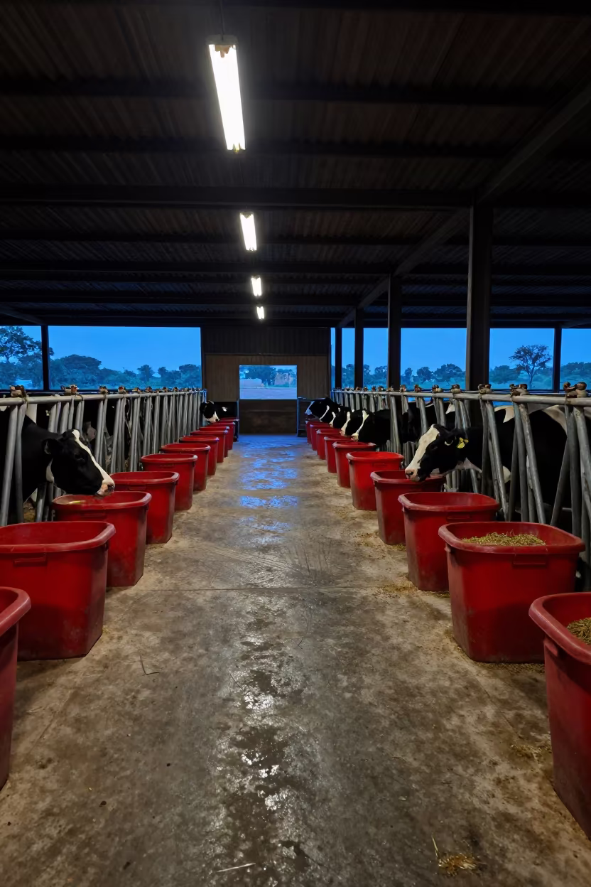 Silhouetted Hog Pen Corridor Niger Evening in inside a milking parlor in Niger