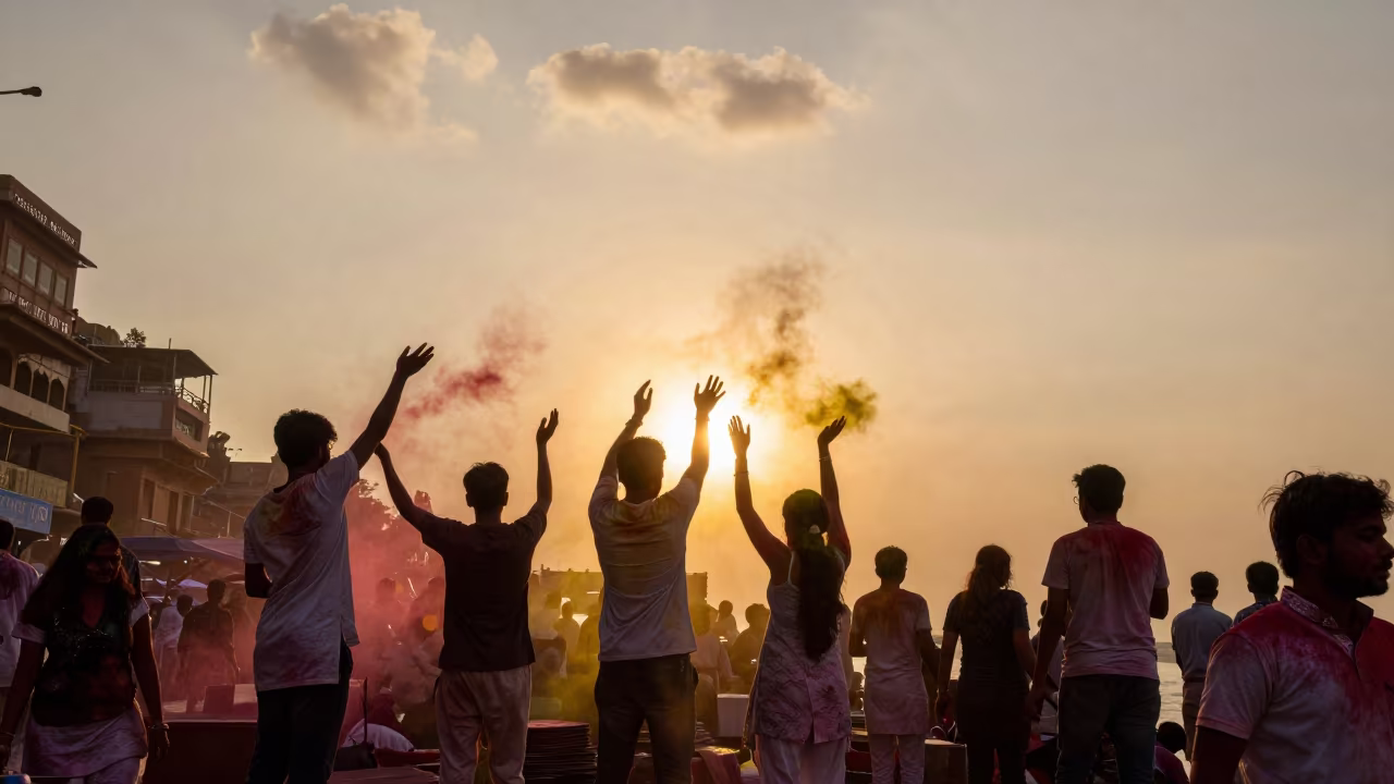 Silhouetted Holi Colors Over Varanasi Night Market in at a night market in Varanasi