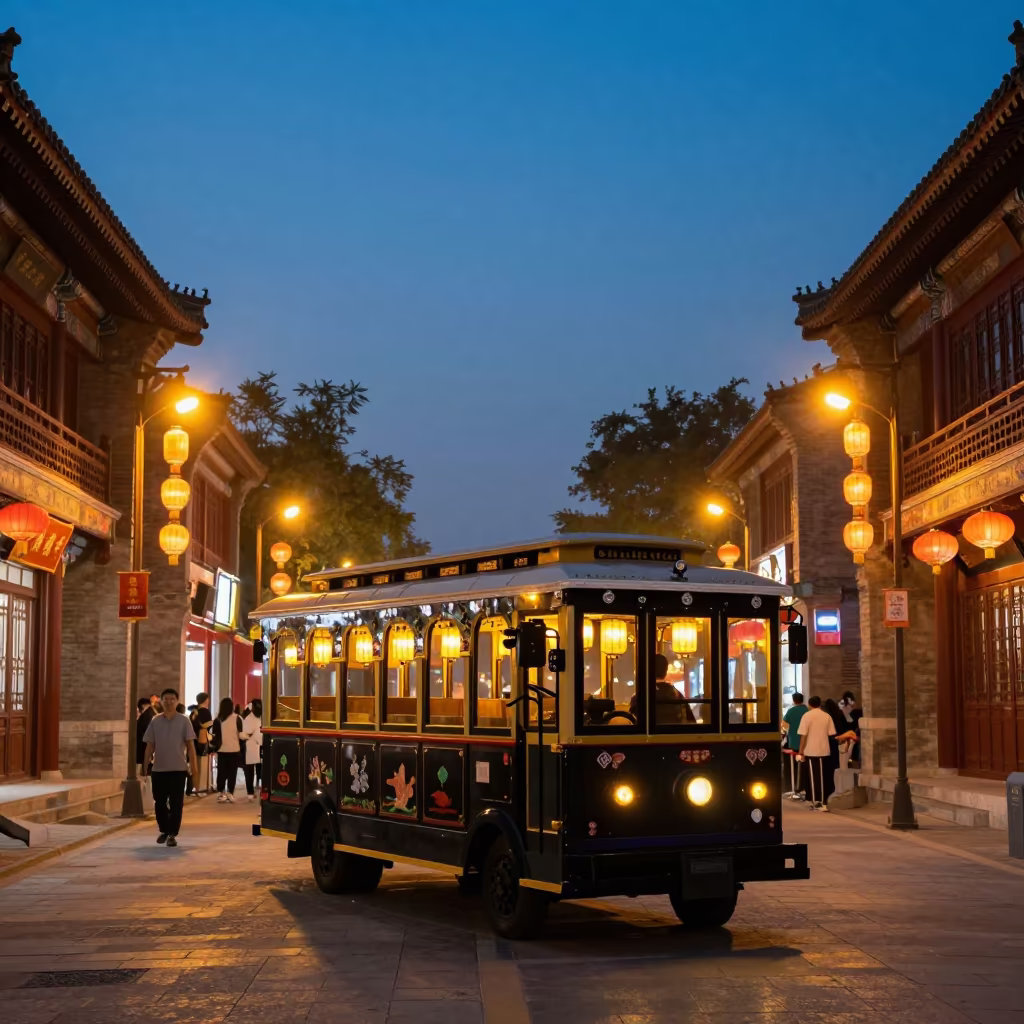 Silhouetted Holiday Trolley Against Tianjin Market Lights in at a night market in Tianjin