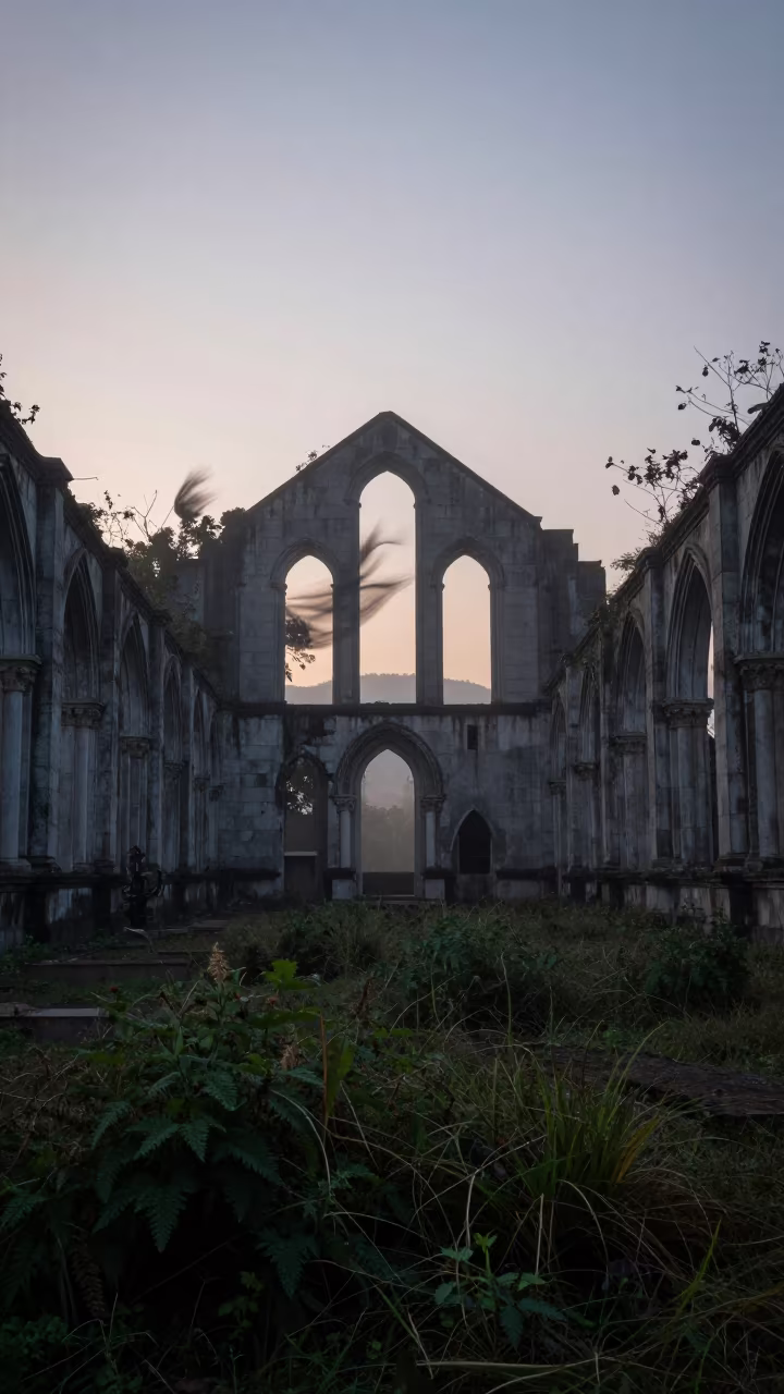 Silhouetted Ruins of Hong Kong Chapel in Fog in among collapsed cloisters near Yau Ma Tei, Hong Kong