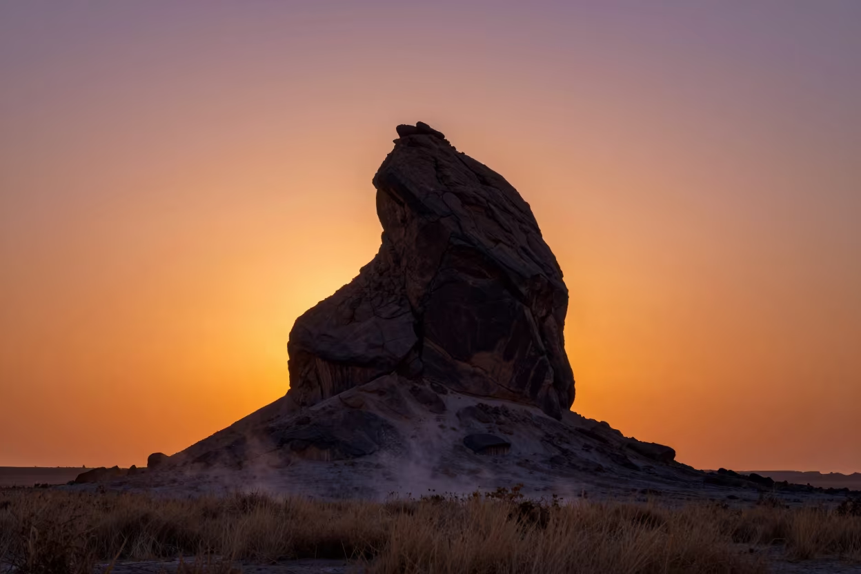 Silhouetted Hoodoo Spire Against Autumn Sunset in near El Mahalla El Kubra