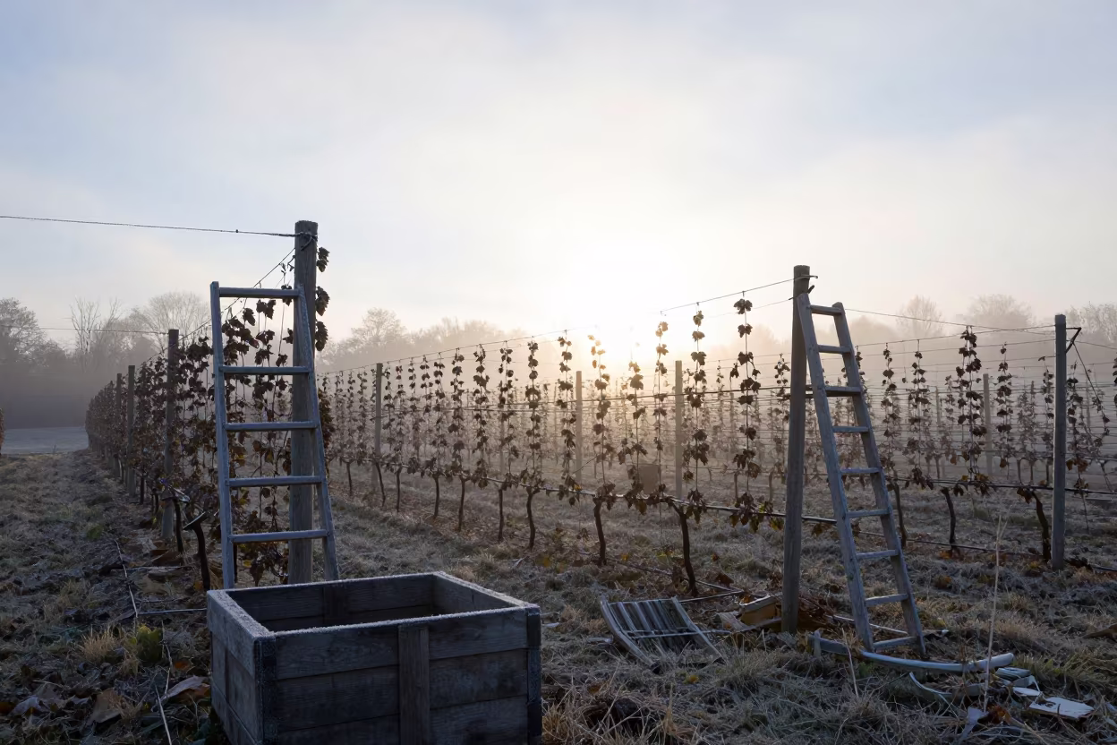 Silhouetted Hop Strings in Autumn Fog in among orchard ladders and crates in New Hampshire