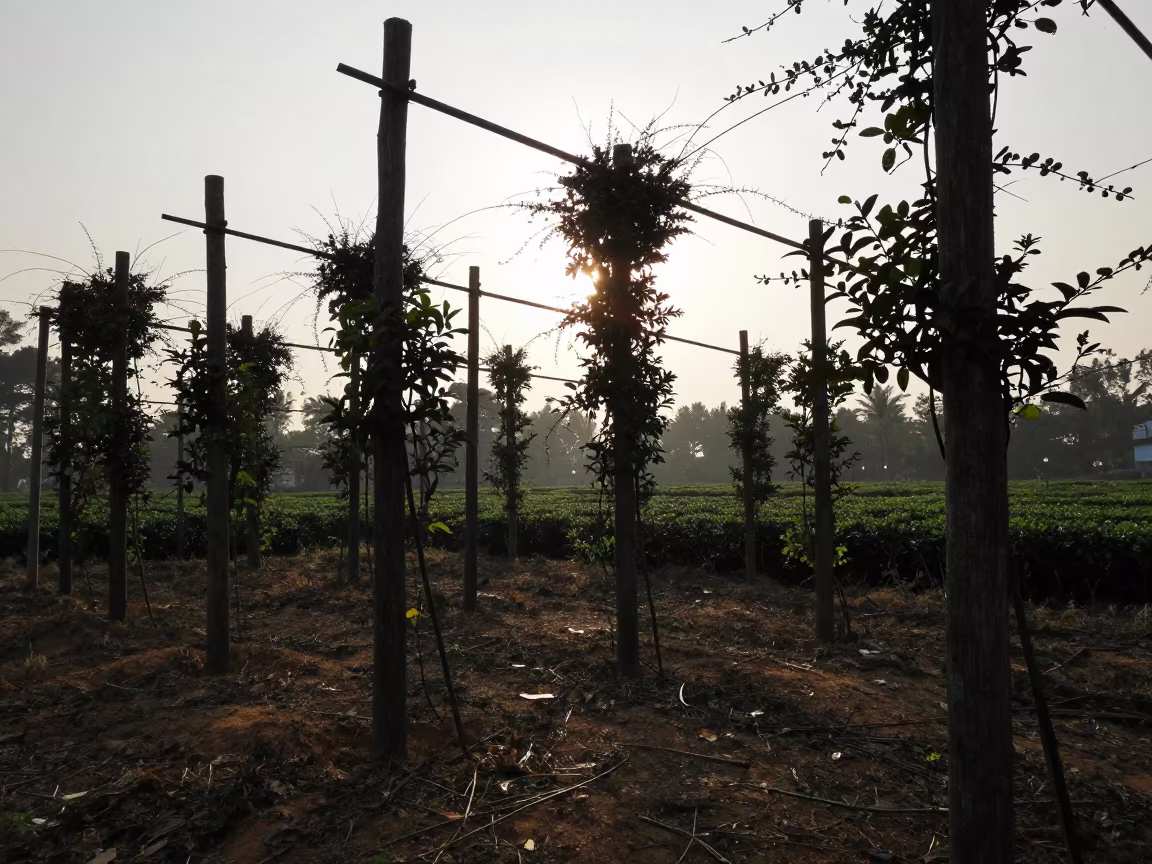 Silhouetted Hop Vines in Morning Shadow in at the edge of a tea plantation in Durán