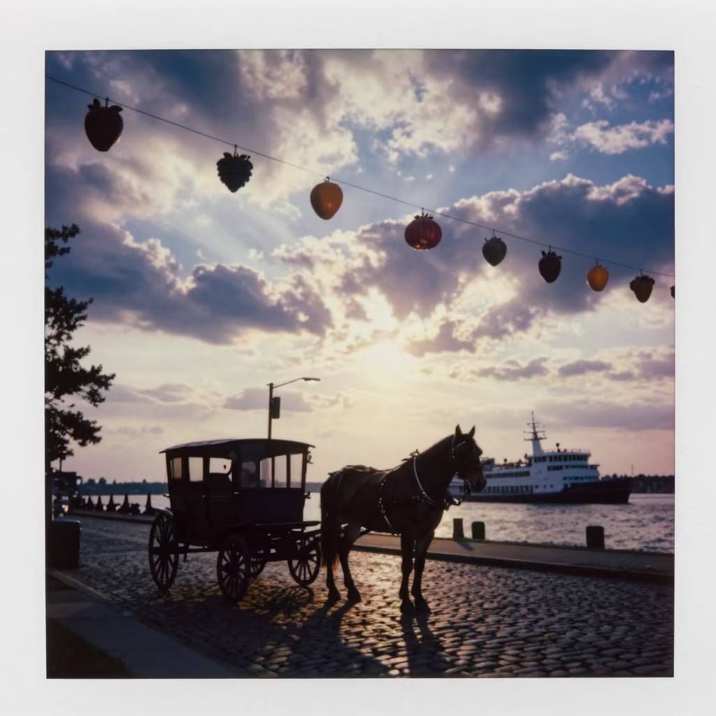 Silhouetted Horse Cart Sunset Ferry Crossing in across a remote ferry crossing in Connecticut