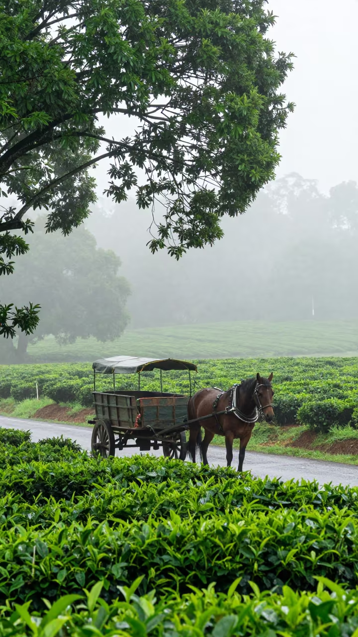 Silhouetted Horse Wagon at Tea Plantation in at the edge of a tea plantation near Noumea