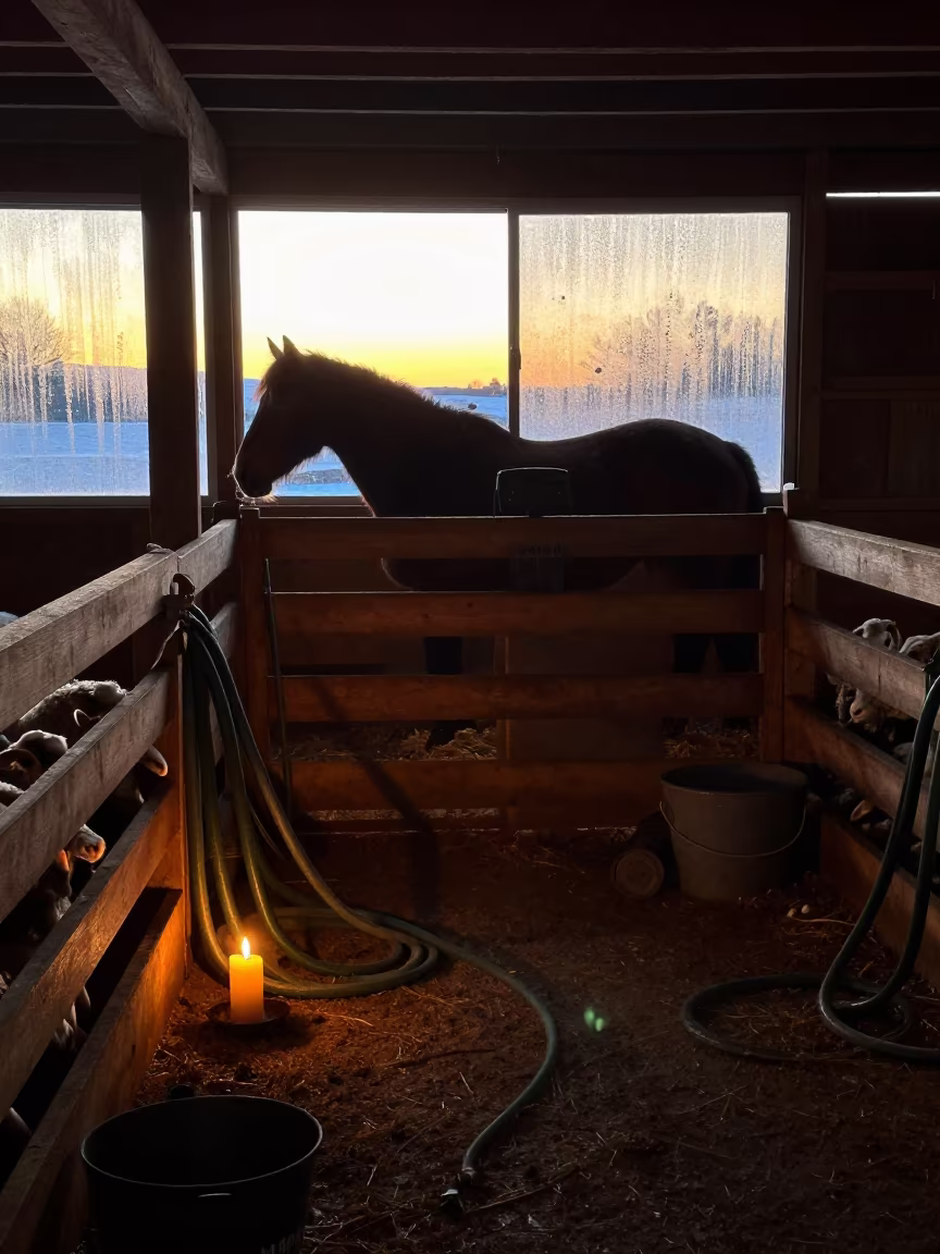 Silhouetted Horse in Winter Barn Cleanup in inside a lambing barn in the Basque Country