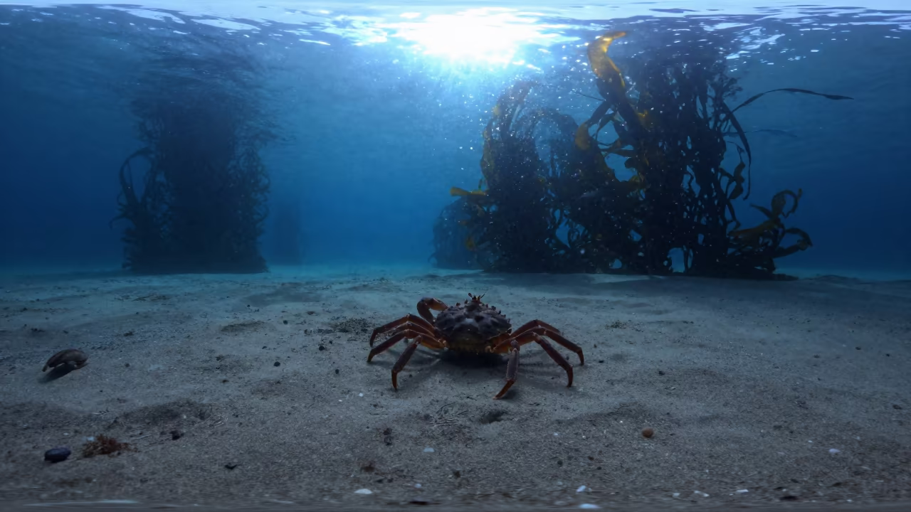 Silhouetted Horseshoe Crab in Kelp Forest at Dusk in through a forest of kelp fronds near Auckland