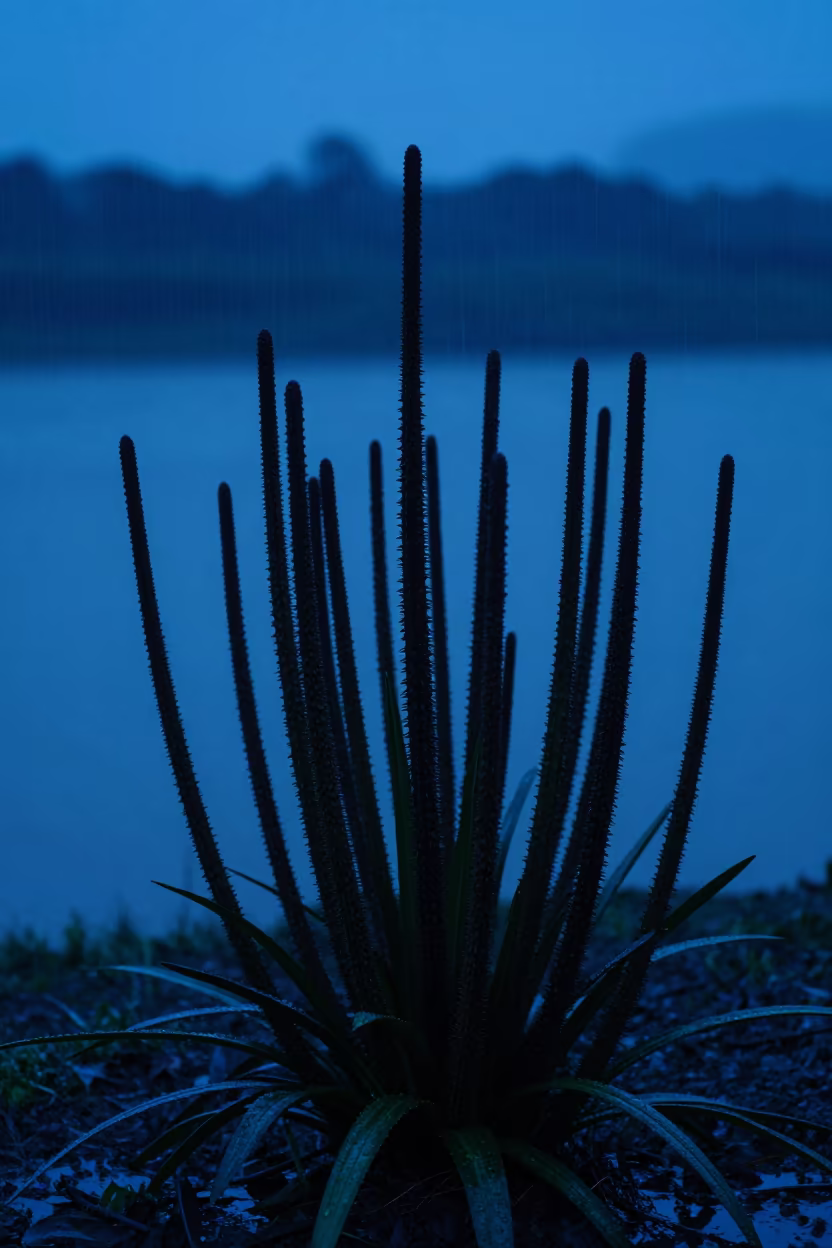 Silhouetted Horsetail Plants in Twilight Rain in among terraced garden plots in Shandong