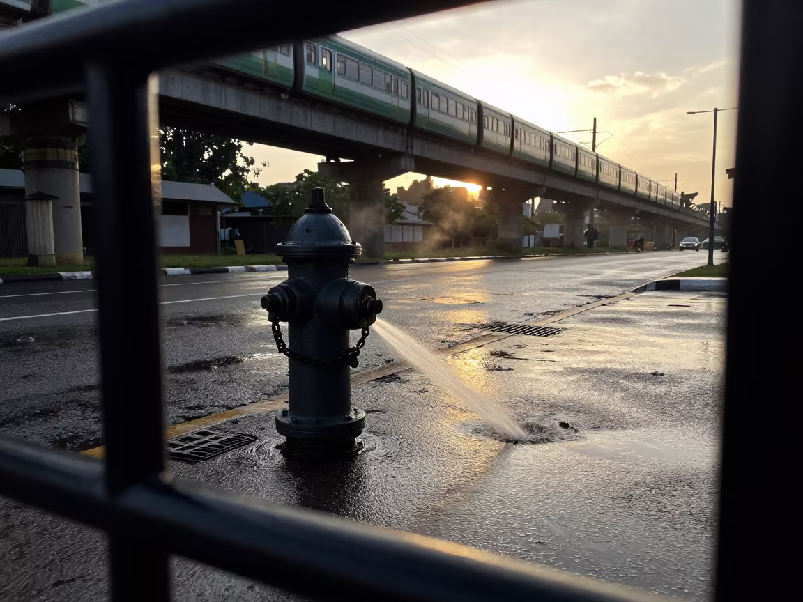 Silhouetted Hydrant Leaking on Douala Sunset Asphalt in under an elevated train line in Douala