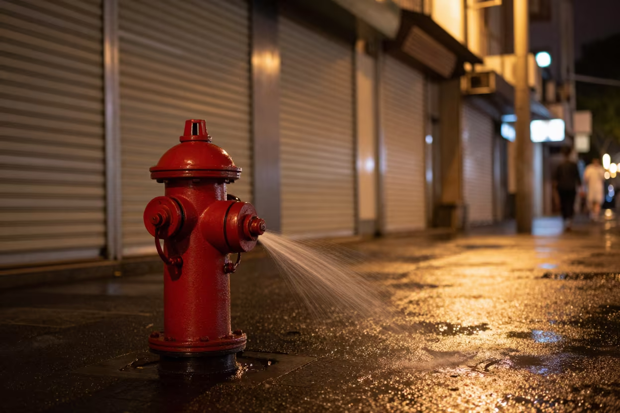Silhouetted Hydrant Leaking on Xiamen Street in along a shuttered arcade in Xiamen