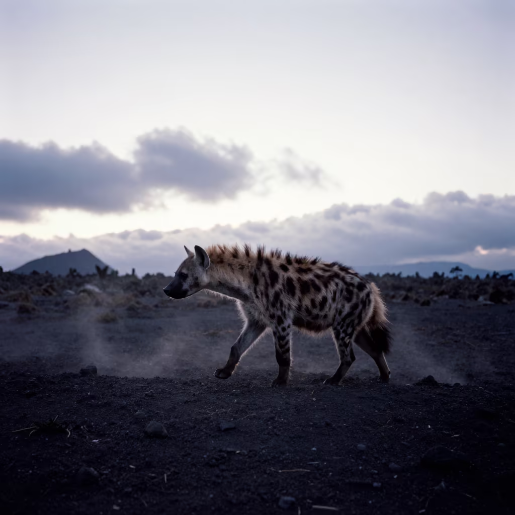 Silhouetted Hyena Crossing Volcanic Sand at Dawn in near Quito