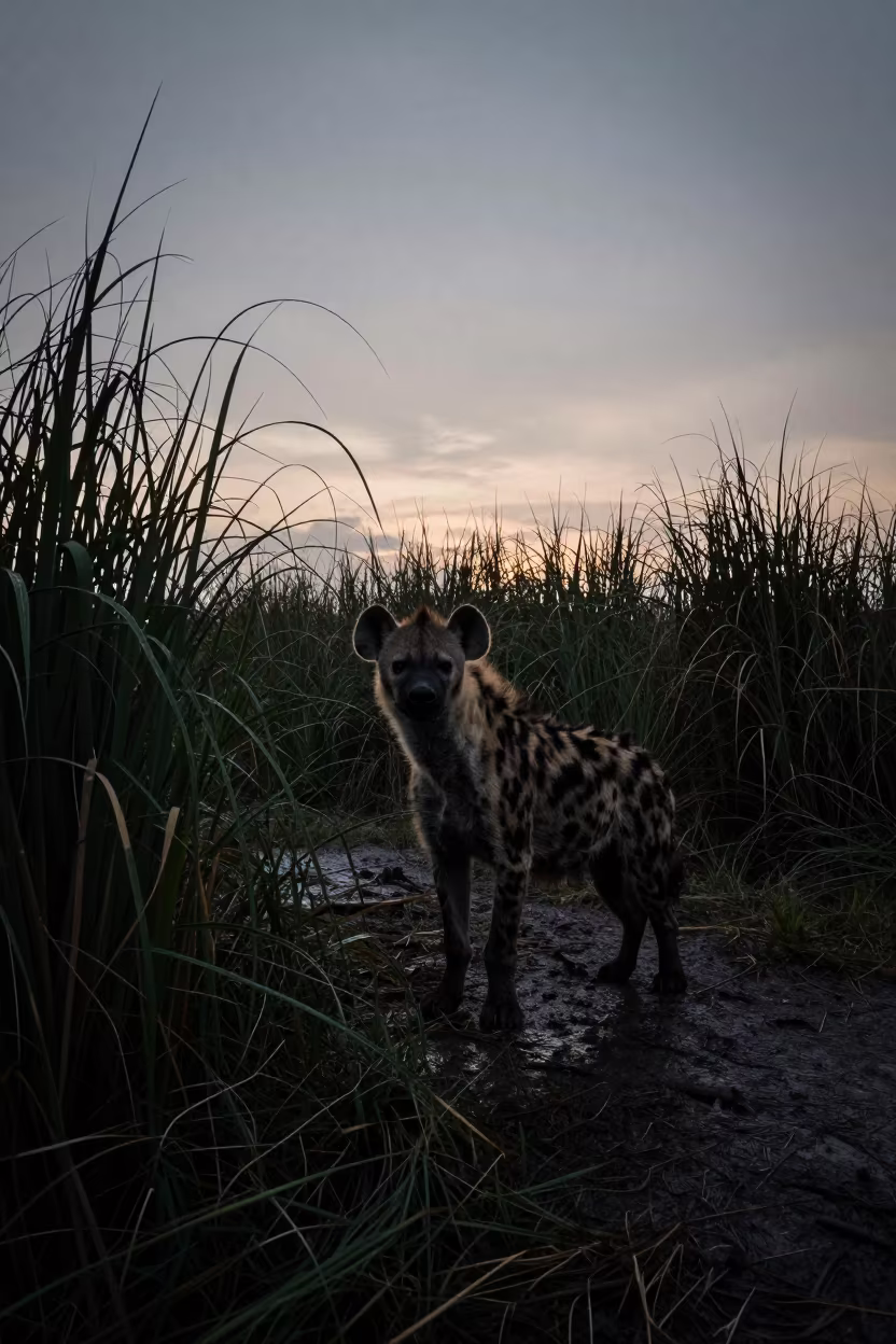 Silhouetted Hyena in Kuala Lumpur Reed Bed in at the edge of a reed bed near Sri Hartamas, Kuala Lumpur