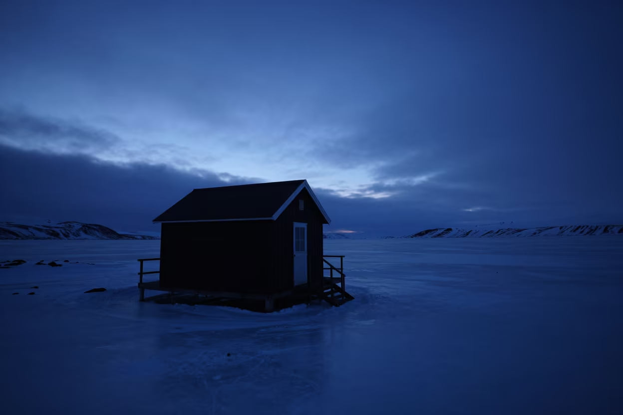 Silhouetted Ice Fishing Hut Iceland Polar Night in in Iceland