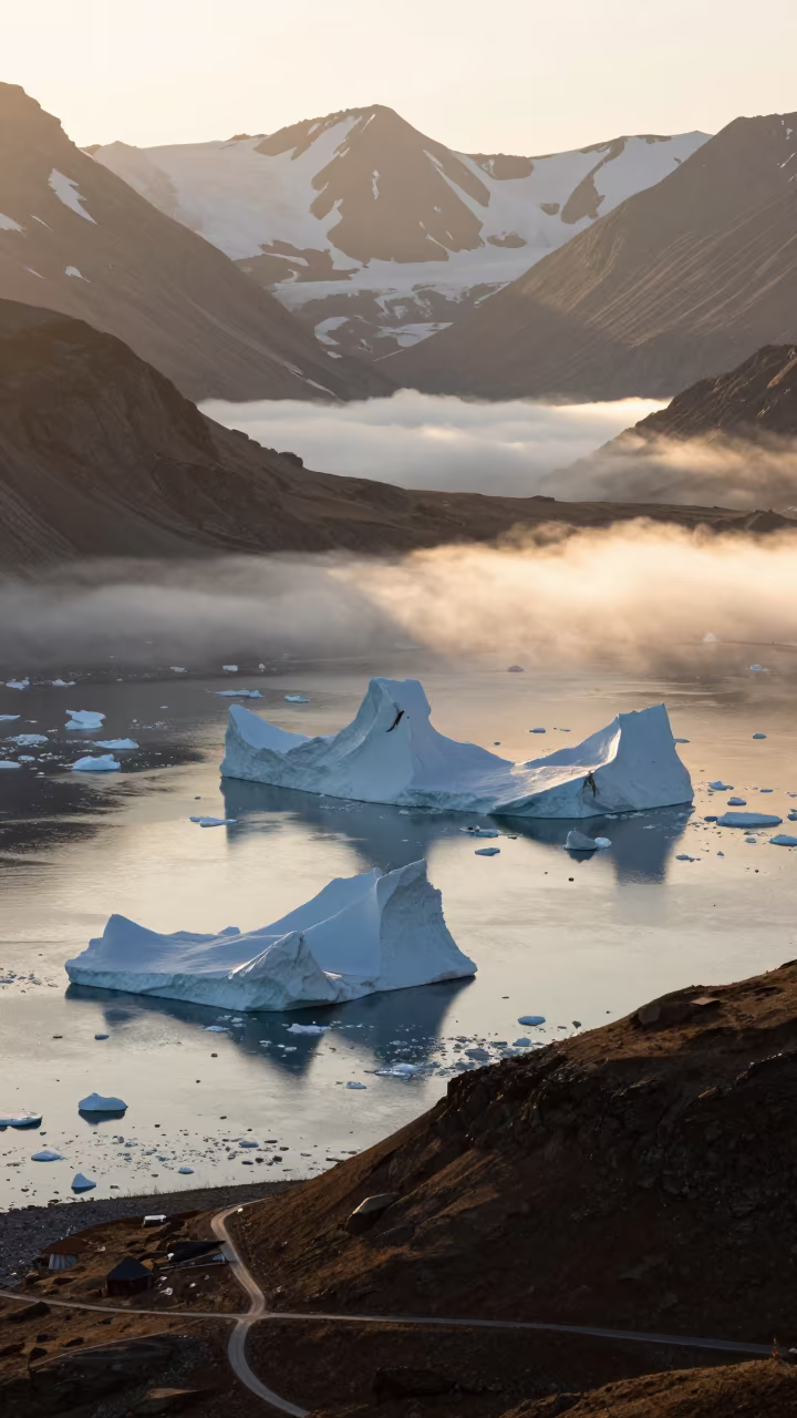 Silhouetted Icebergs Calving Into Fjord Valley in high above irrigation geometry in the Caucasus