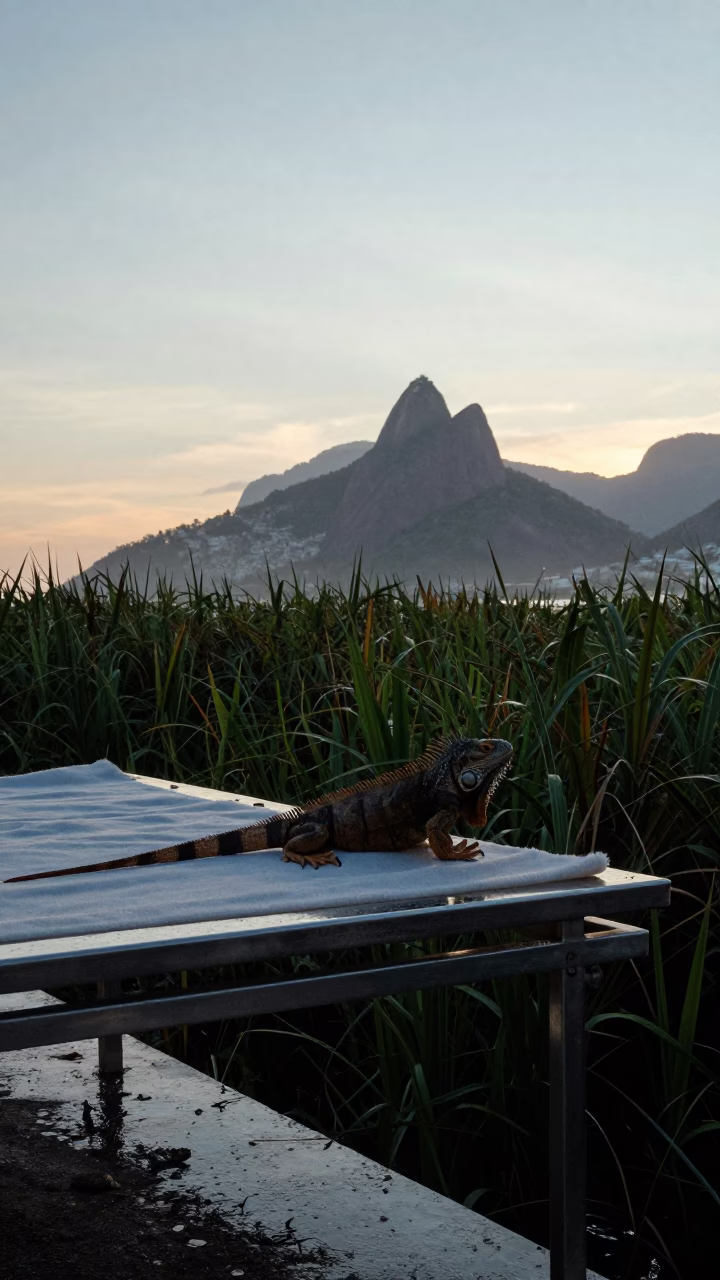 Silhouetted Iguana at Rio Reed Bed Sunset in at the edge of a reed bed near Rio de Janeiro