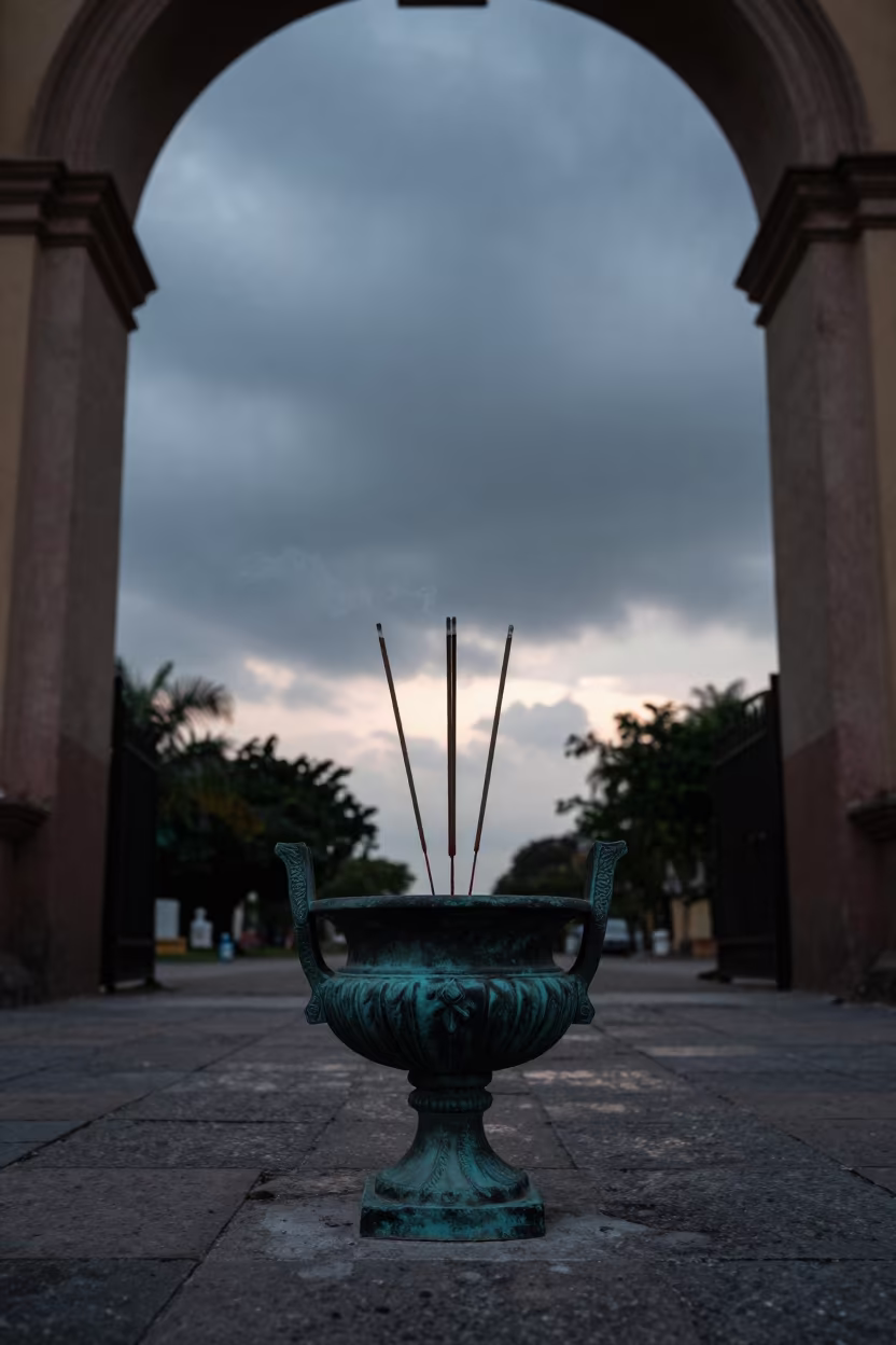 Silhouetted Incense Sticks in Bronze Urn at Acarigua Temple in in a temple courtyard in Acarigua