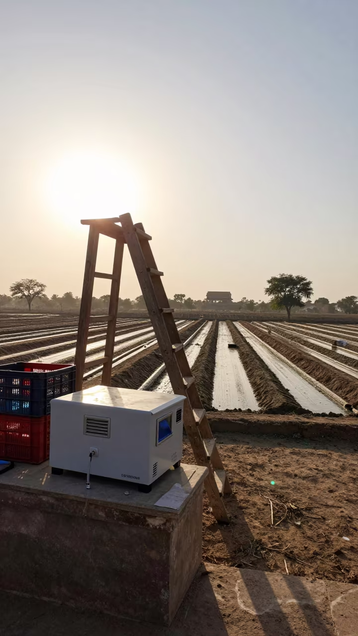 Silhouetted Insemination Unit Near Orchard Ladders at Jodhpur in among orchard ladders and crates near Jodhpur