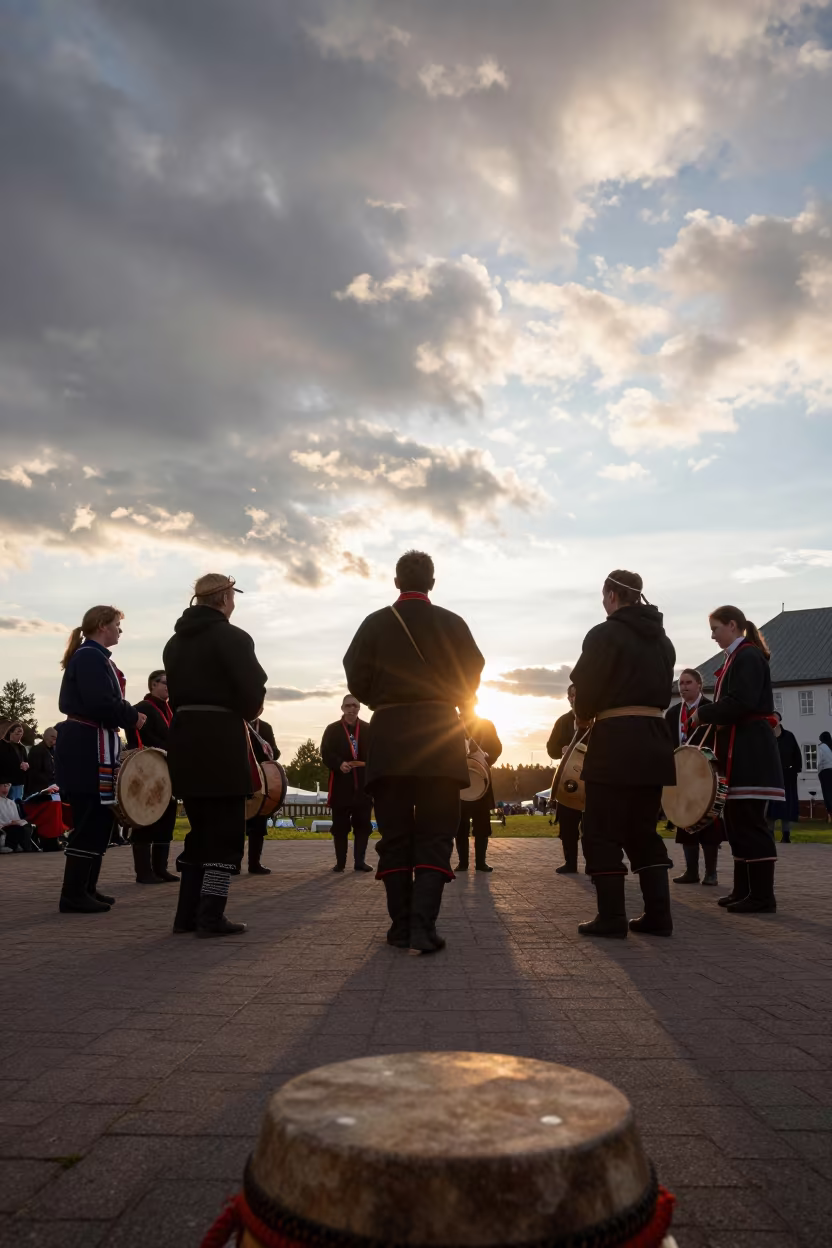 Silhouetted Inuit Drum Dance in Lubeck Hall in in a ceremonial hall in Lubeck