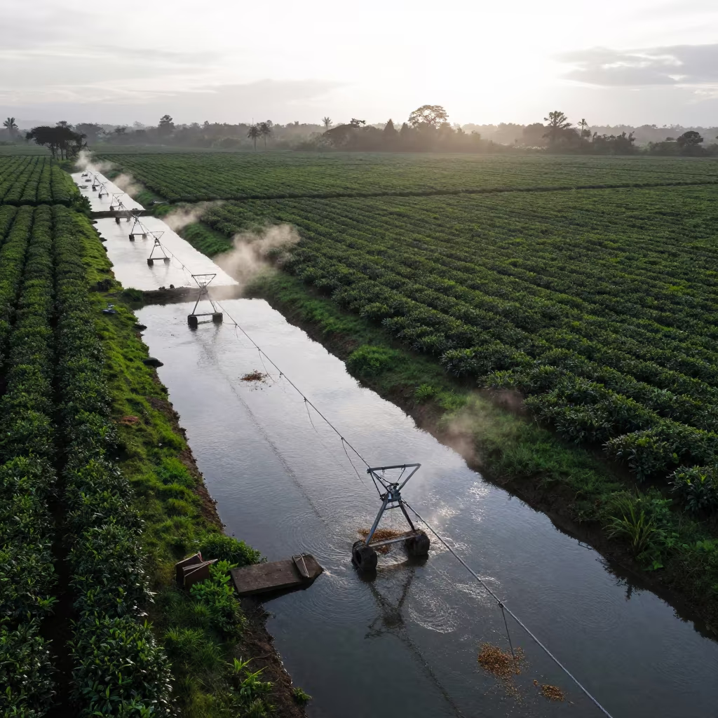 Silhouetted Irrigation Canals at Dawn in Nicaragua in at the edge of a tea plantation near Managua
