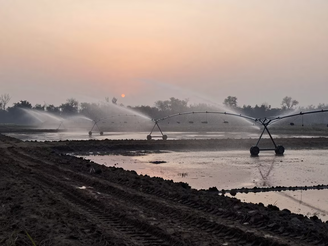 Silhouetted Irrigation Sprinklers Reflecting in Farm Pond at Dusk in beside a tractor track through dark soil in Meerut