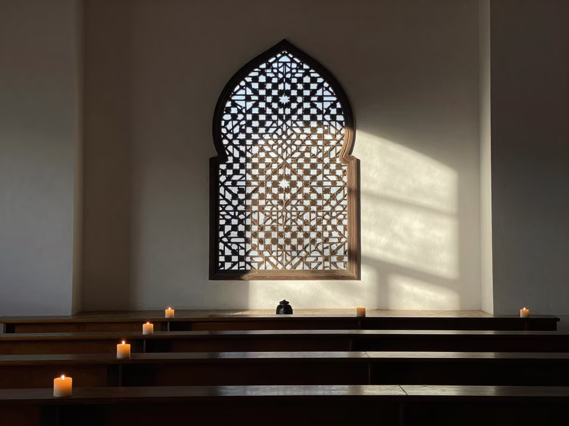 Silhouetted Islamic Tilework Against Pale Morning Light in inside a candlelit nave in Okinawa