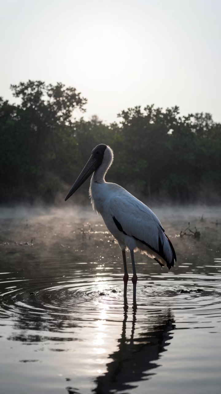 Silhouetted Jabiru Stork in Goa Wetland Morning Fog in in Goa