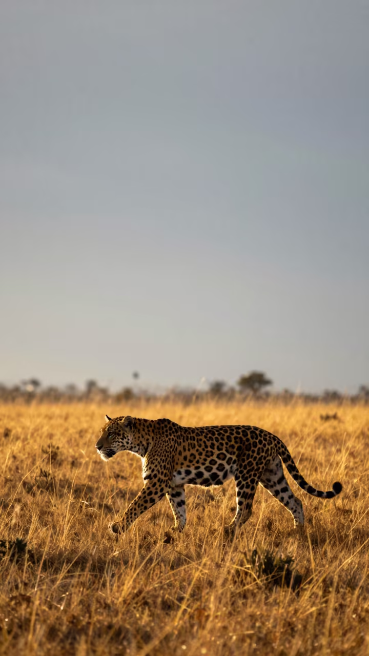 Silhouetted Jaguar Crosses Gold Grass at Twilight in in Ecuador