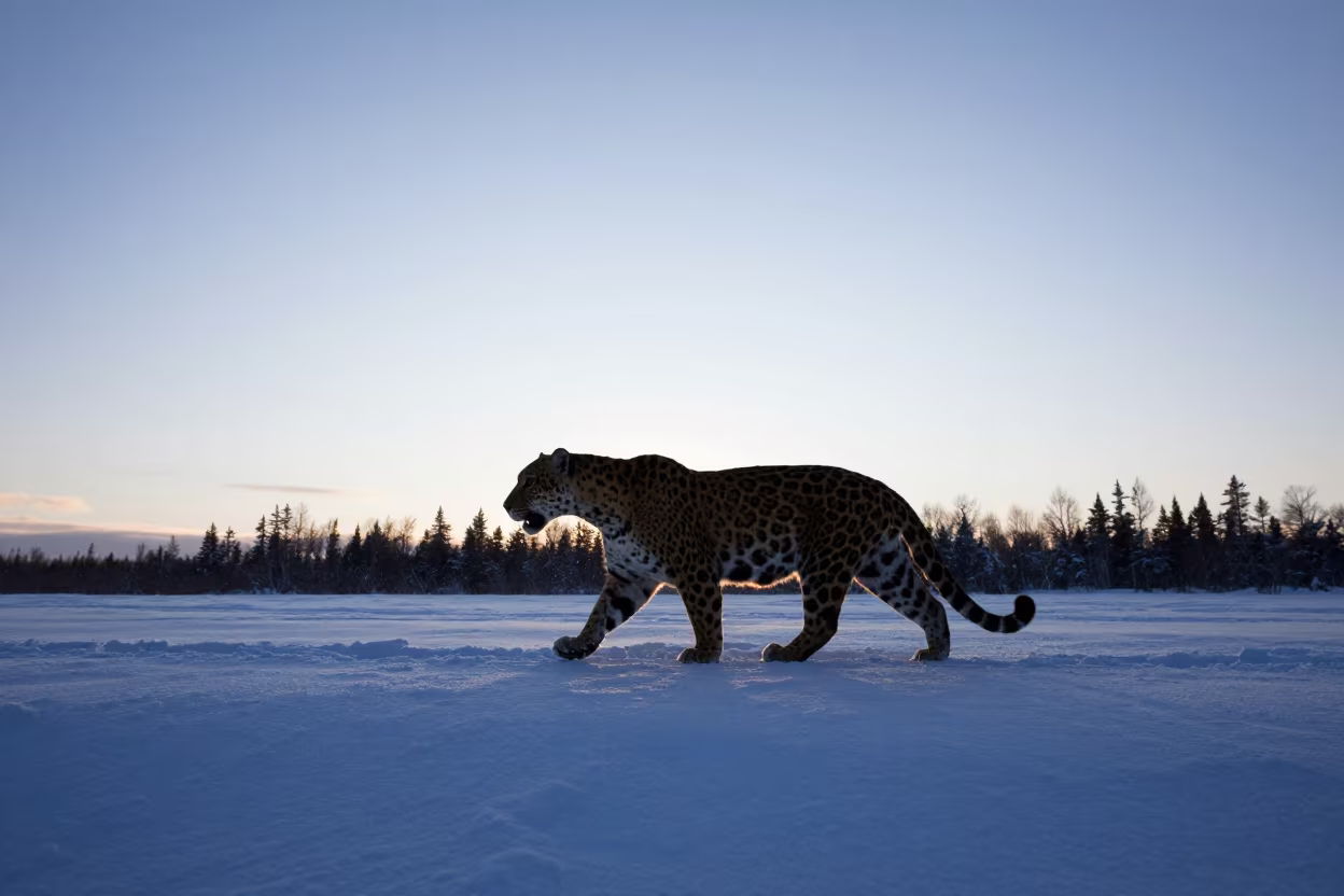 Silhouetted Jaguar Crossing Snow at Dusk in near Rovaniemi