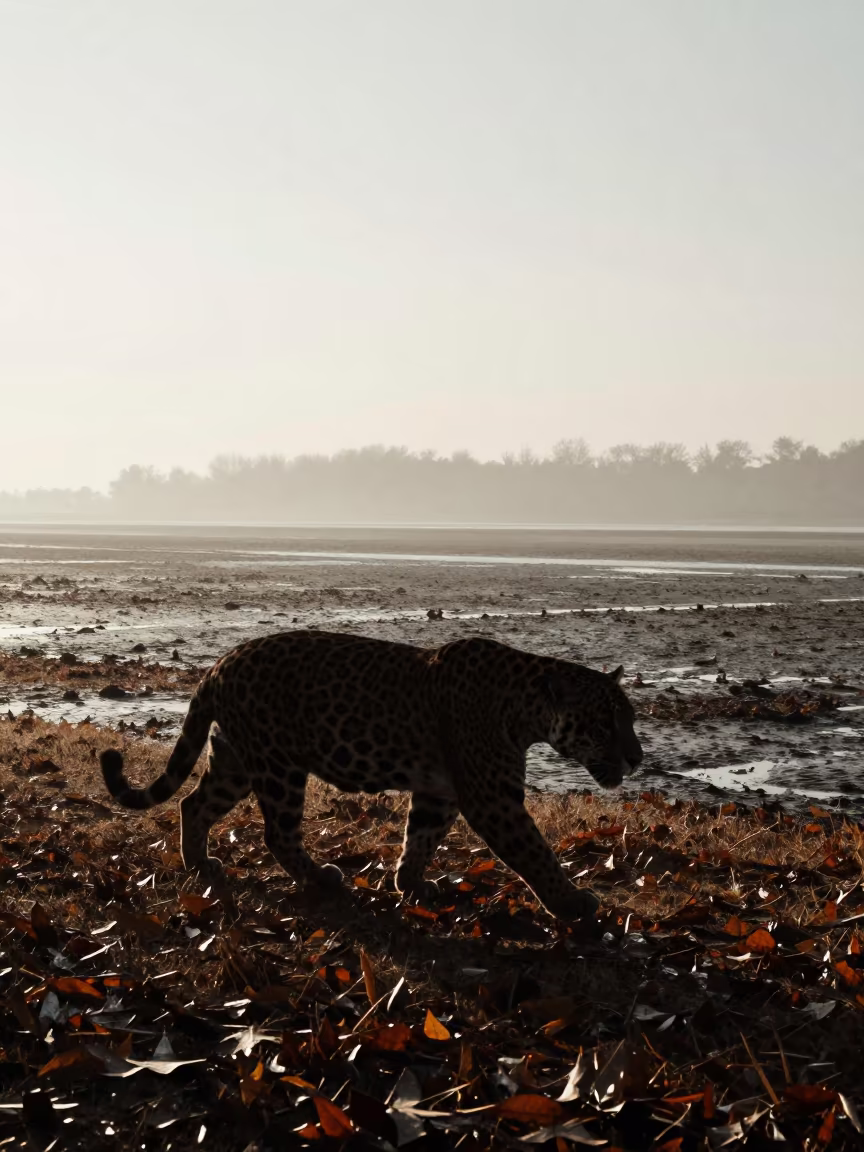 Silhouetted Jaguar at Winter Dawn in beside a tidal inlet in Veneto