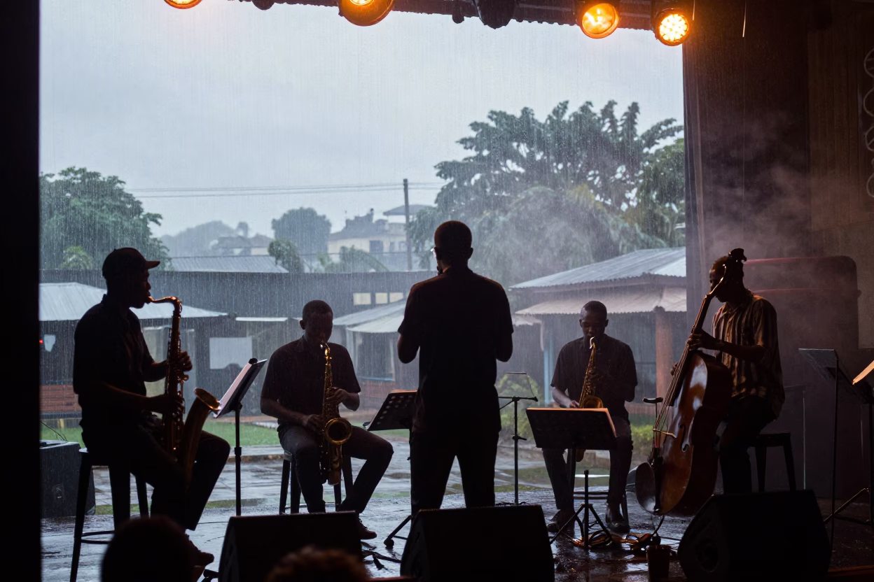 Silhouetted Jazz Quartet in Dawn Light Dar es Salaam in in a concert hall in Dar es Salaam