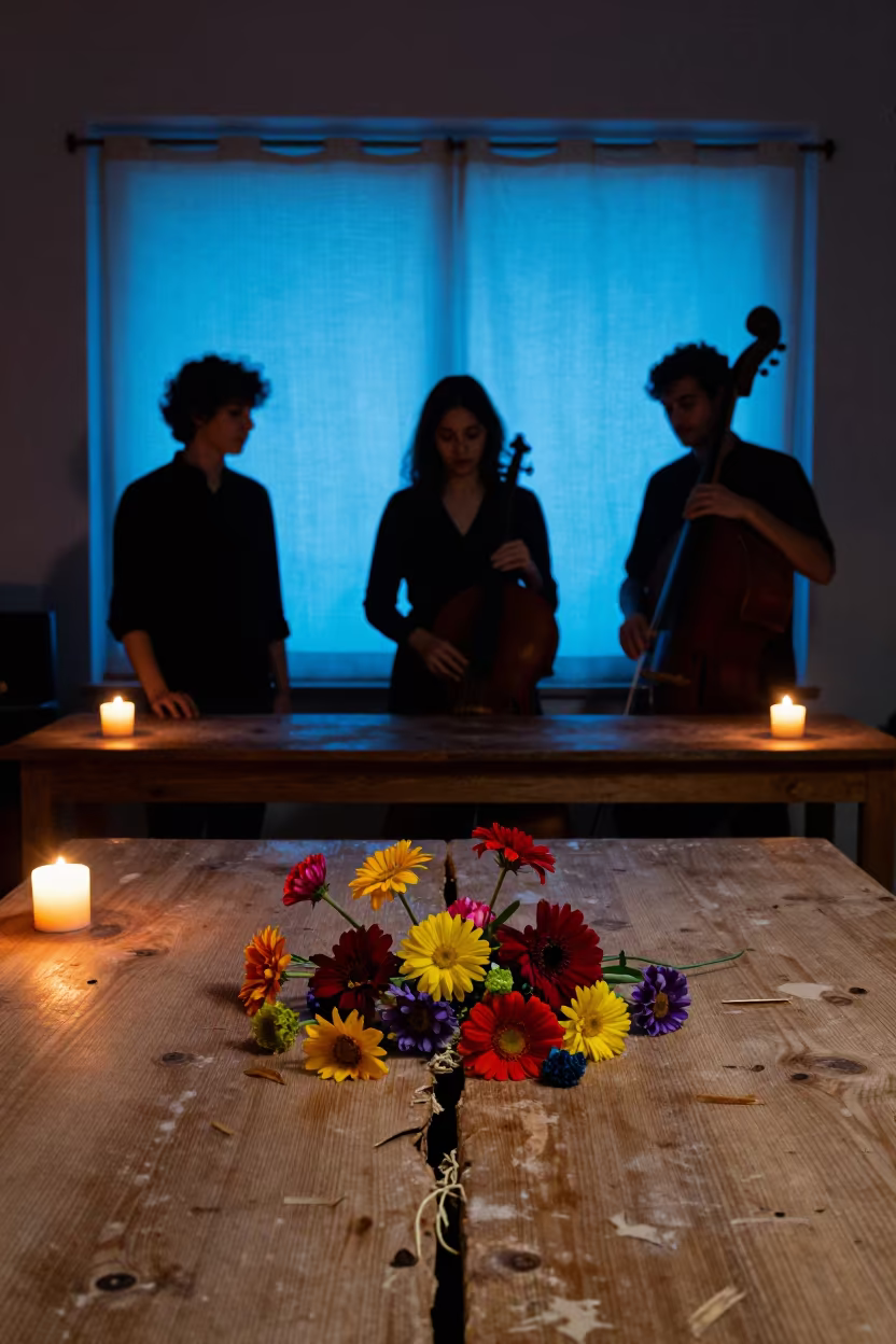 Silhouetted Jazz Trio Behind Backlit Curtain in on a wooden workbench in Alcalá de Henares