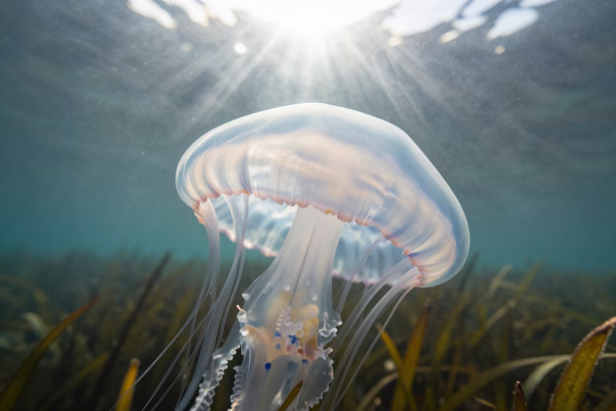 Silhouetted Jellyfish Bell Margin Underwater Chile in above a seagrass meadow in Chile