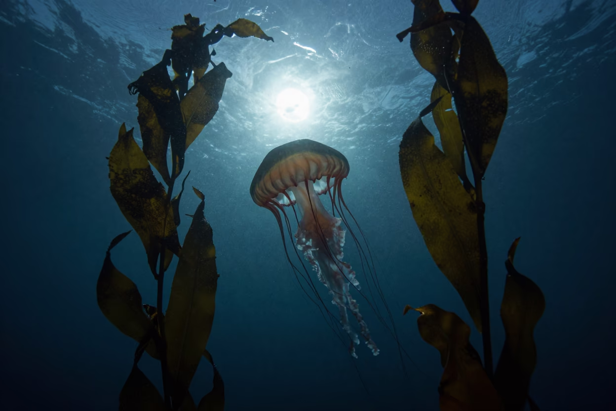 Silhouetted Jellyfish Through Kelp Forest Moonlight in through a forest of kelp fronds near Salvador
