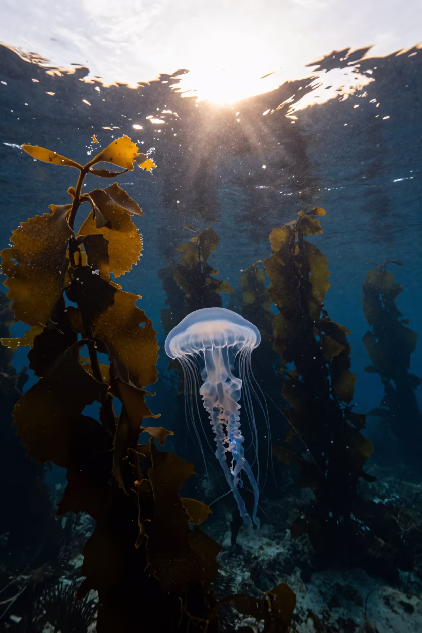 Silhouetted Jellyfish Swarm in Sicilian Autumn Waters in along a kelp-fringed shelf in Sicily